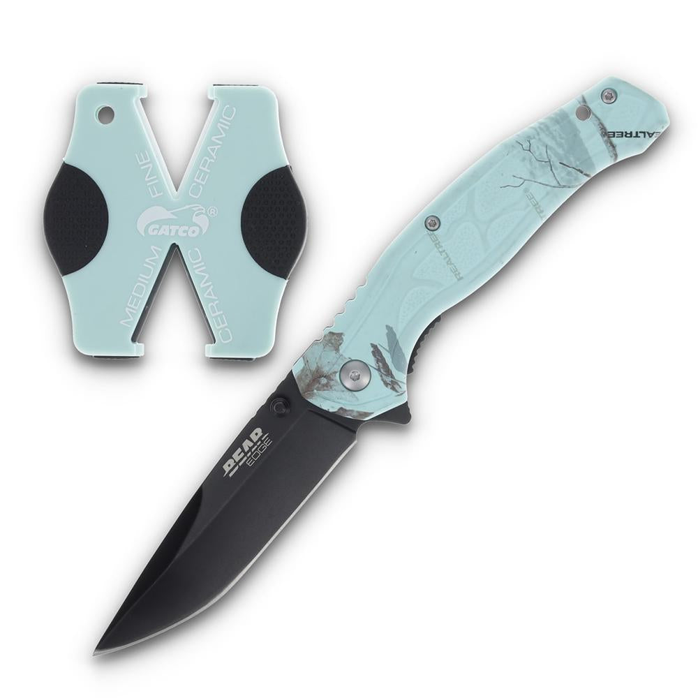 Bear & Son Brisk 2.0 Drop Point Folding Knife Sharpener Combo Teal Camo