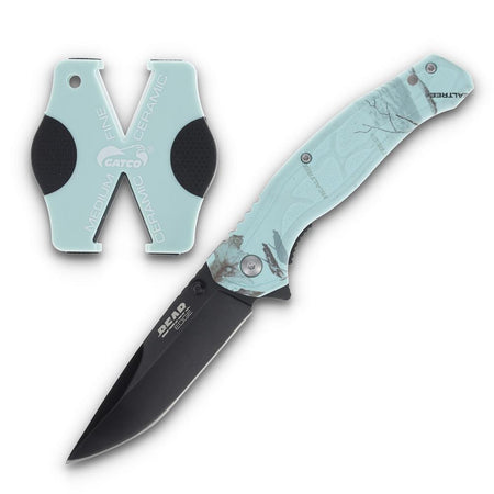 Bear & Son Brisk 2.0 Drop Point Folding Knife Sharpener Combo Teal Camo