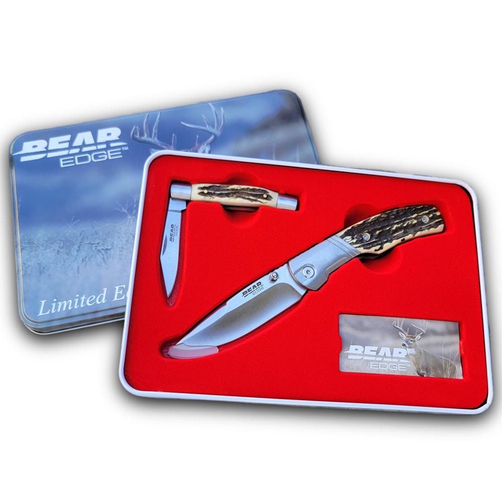 Bear & Son Two Folding Knife Gift Set Stag Delrin Handle 440 Stainless Limited Edition Tin
