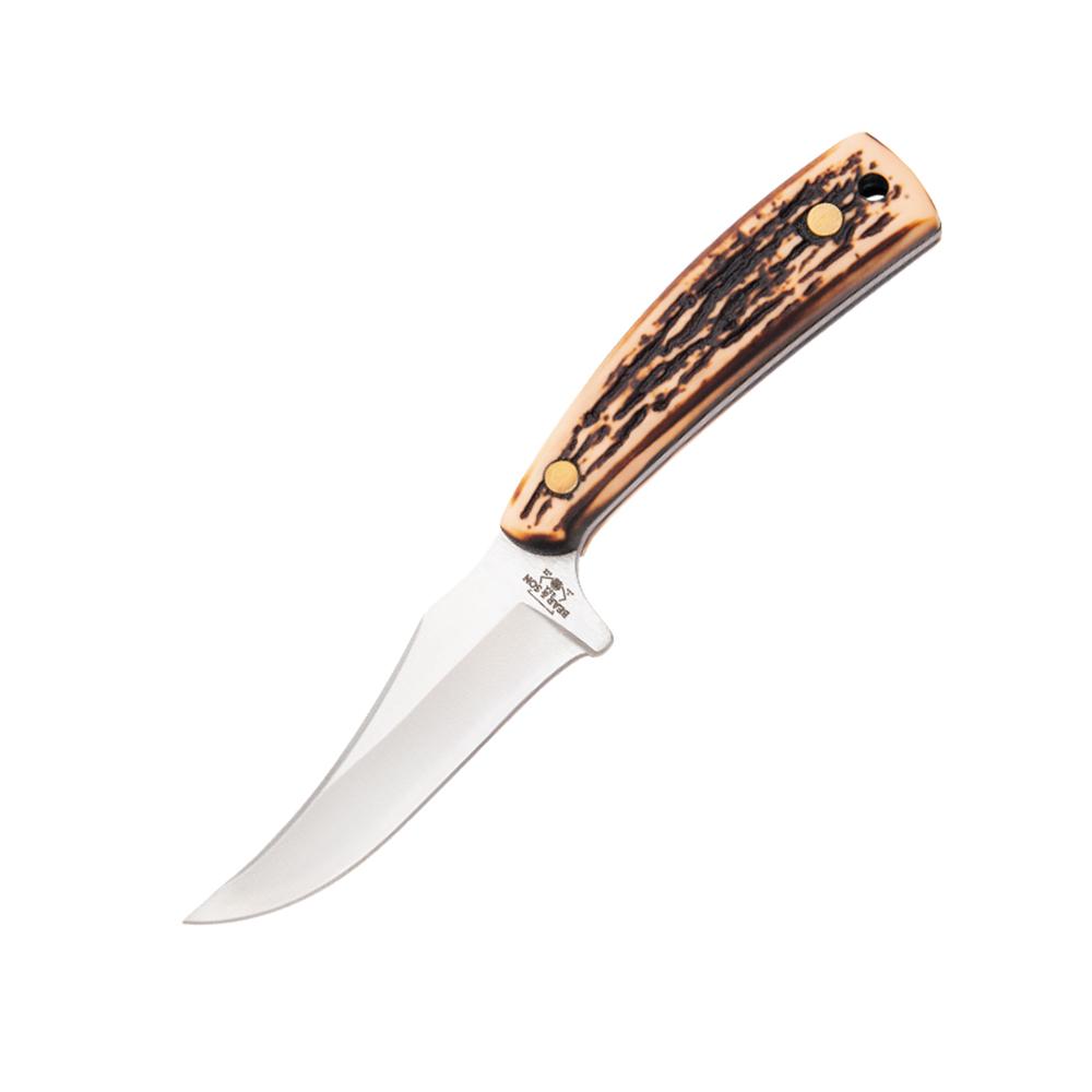 Bear & Son Upswept Skinner Fixed Blade 3-1/8" Clip Point Stag Delrin Handle Leather Sheath Included
