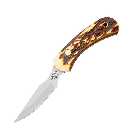 Bear & Son Ergonomic Caper 2-1/2" Clip Point Fixed Knife Stag Delrin Handle and Leather Sheath