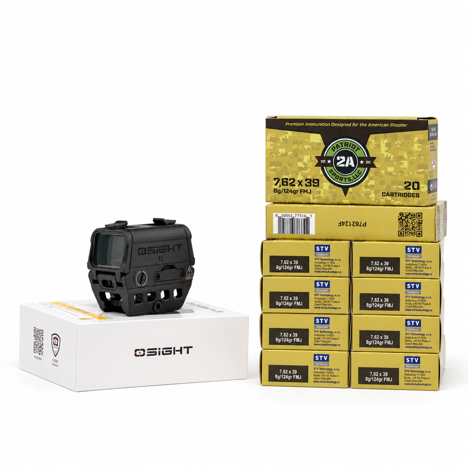 Osight R 2 MOA Dot/65 MOA Circle Multi-Reticle Rifle Optic + Patriot Sports 762x39 200ct