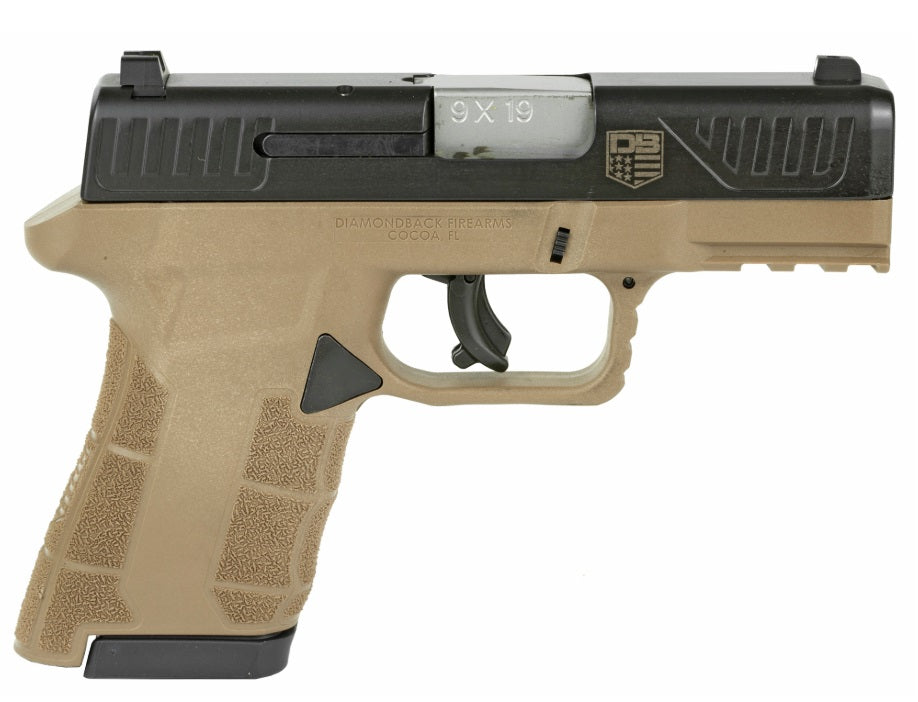 Diamondback DB0300P061 AM2 Sub-Compact Frame 9mm Luger 17+1, 3.50" Stainless Steel Barrel, Black Nitride Serrated Stainless Steel Slide, Flat Dark Earth Polymer Frame w/Picatinny Rail & Polymer Grip