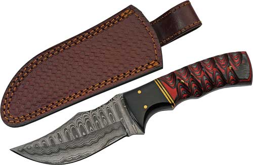 Rite Edge Damascus Hunter 4" Blade Buffalo Horn Twisted Wood Handle and Sheath