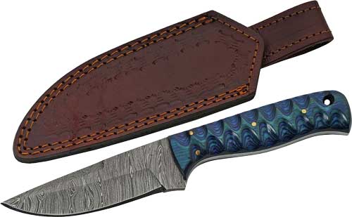 Rite Edge Damascus 4" Hunter Knife Blue Twisted Wood Handle and Sheath