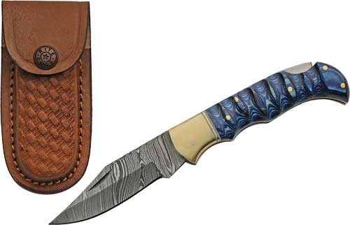 SZCO Rite Edge 3 Inch Blue Grooved Damascus Lockback Knife with Sheath
