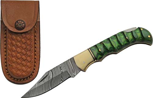SZCO Rite Edge 3 Inch Green Grooved Damascus Lockback Folding Knife