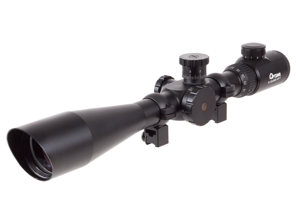 Hatsan Optima 8-32x50 E-SFT 30mm Illuminated Mil-Dot Scope with Dovetail Rings Black