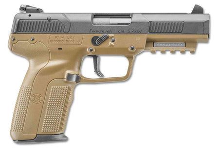 FN 3868929352 Five-seveN *CA Compliant 5.7x28mm 10+1 4.80" Black Steel Barrel, Black Serrated Steel Slide & Polymer Frame w/Picatinny Rail, FDE Textured Polymer Grip, Ambidextrous