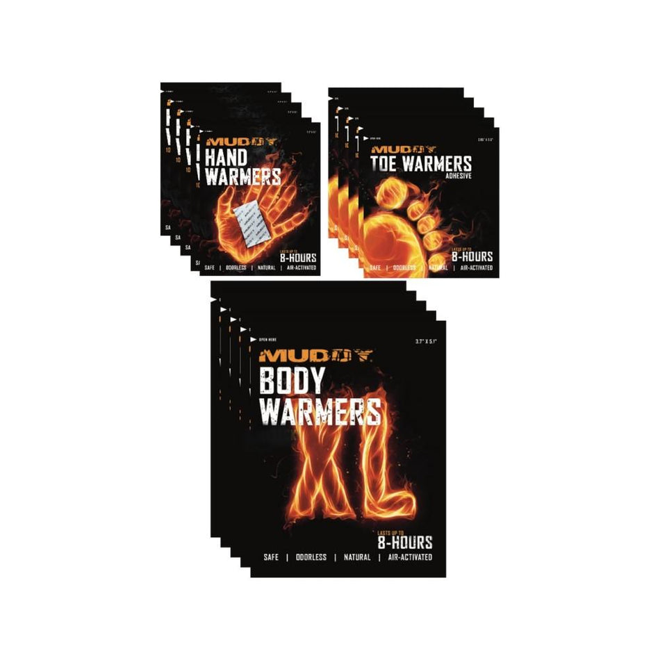 Muddy Disposable Warmers Bulk Pack 8 Each Hand Toe and XL Sizes