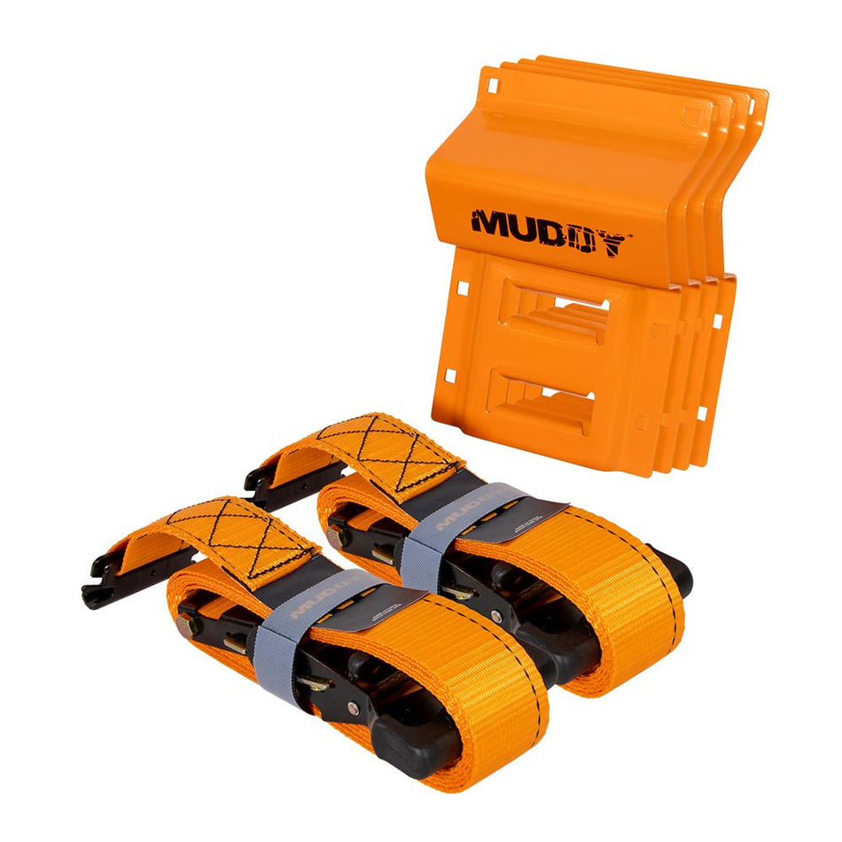 Muddy UTV Wheel Chock Tie-Down Set Orange 2/ct with E-Track Ratchet Straps