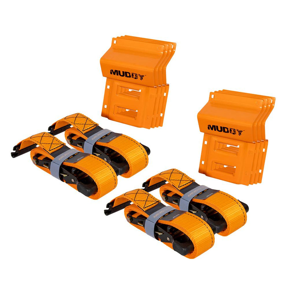 Muddy 4-Piece UTV Wheel Chock Tie-Down Kit Orange with E-Track Ratchet Straps