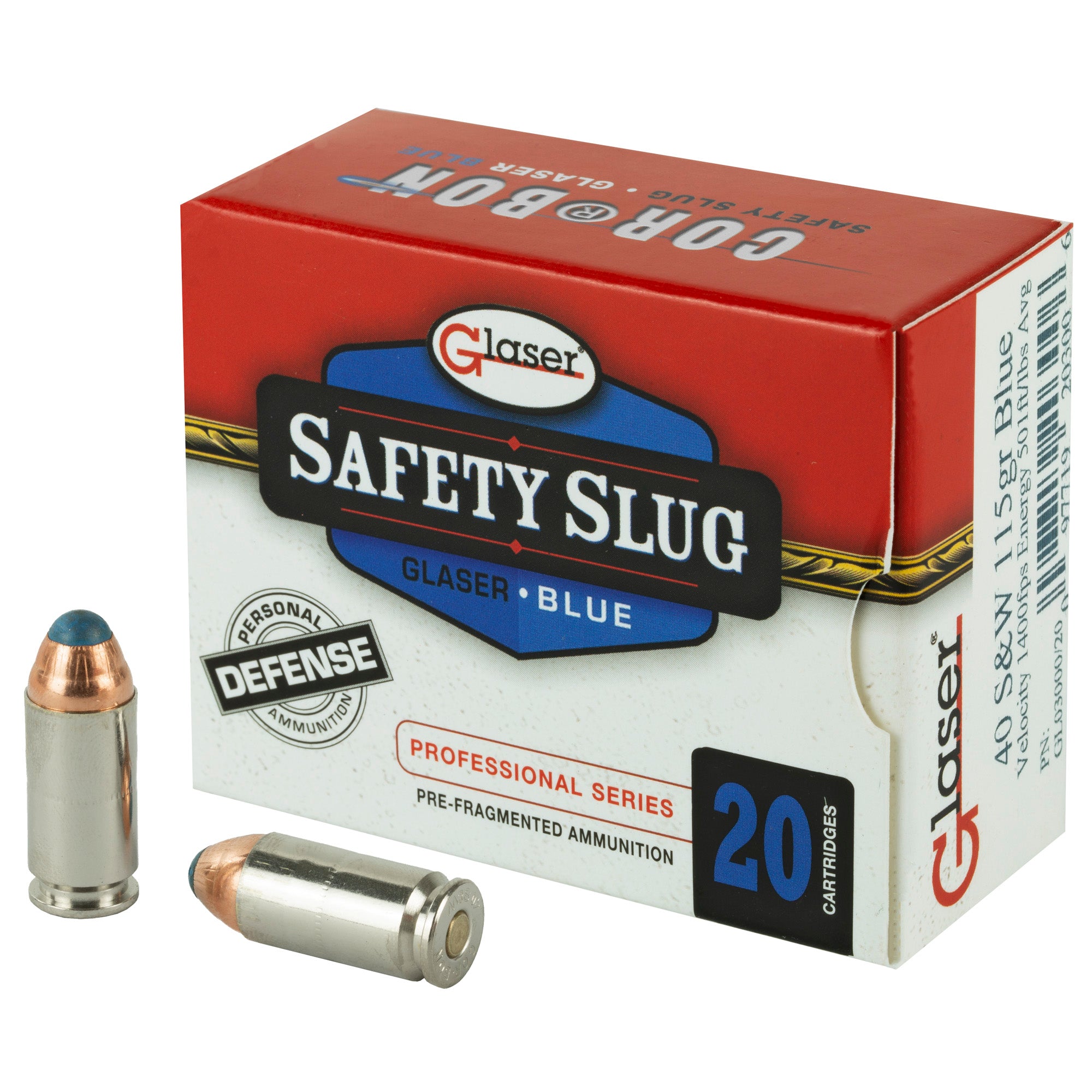 Glaser Blue .40 S&W 115 grain Pre-Fragmented ammunition