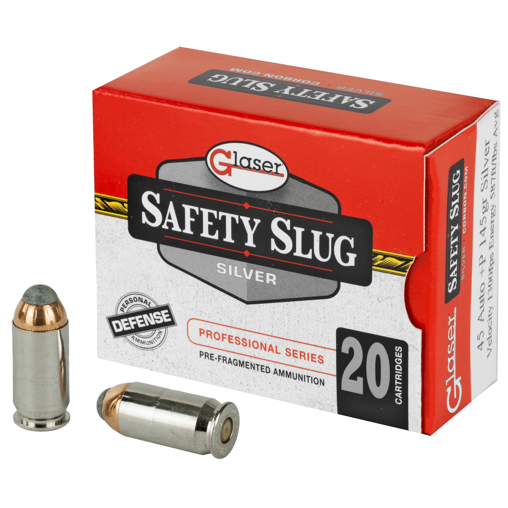 Glaser Silver +P .45 ACP/Auto 145 grain Pre-Fragmented ammunition