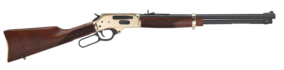 Henry H024360BH Side Gate Full Size 360 Buckhammer 5+1 20" Blued Steel Barrel, Brass Polished Drilled & Tapped Brass Receiver, Fixed American Walnut Stock, Right Hand