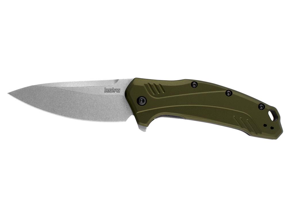Kershaw Link 20CV Stonewash Drop Point Knife with Olive Aluminum Handle 3.25"