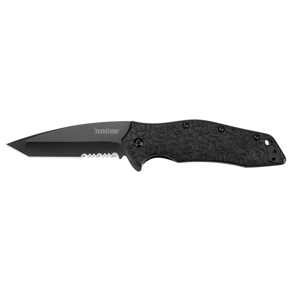 Kershaw Kuro Black-Oxide Tanto Folding Knife - 3-1/10" Partially Serrated Blade