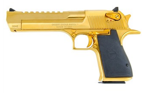 Magnum Research DE50TG Desert Eagle Mark XIX 50 AE Caliber with 6" Picatinny Rail Barrel, 7+1 Capacity, Overall Titanium Gold Finish Carbon Steel, Beavertail Frame, Serrated Slide & Black Rubber Grip