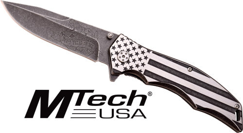 MTech 3.75" Drop Point Folding Knife Black and White Flag Handle/SS