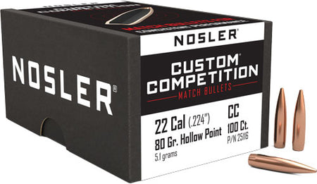Nosler 22 Cal .224 80gr HP-BT Custom Competition Bullets 100ct