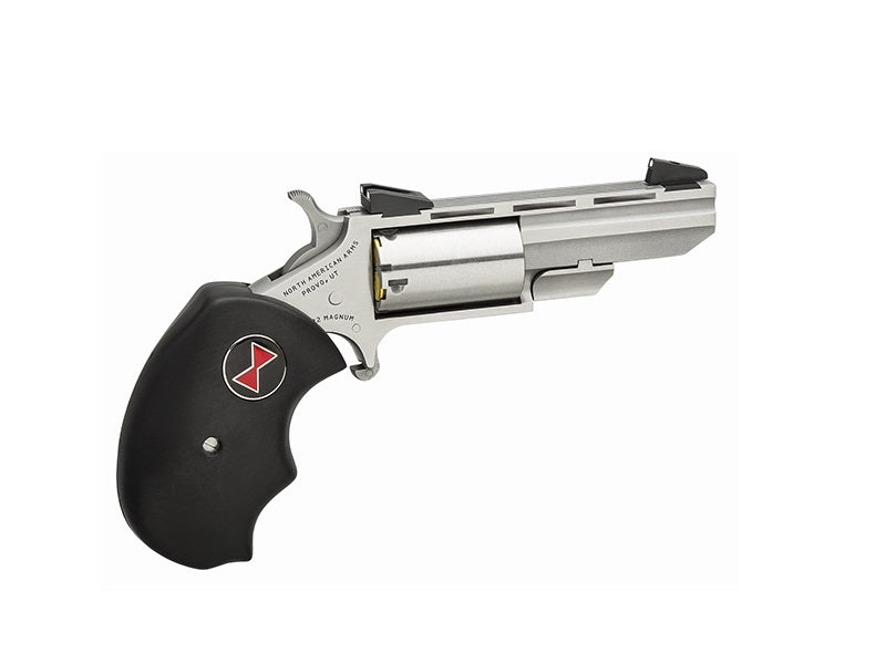 North American Arms BWM Black Widow 22 WMR 5 Shot 2" Stainless Steel Vent Rib Barrel, Stainless Steel Frame, Stainless Cylinder, Black Finger Grooved Rubber Grip, Exposed Hammer