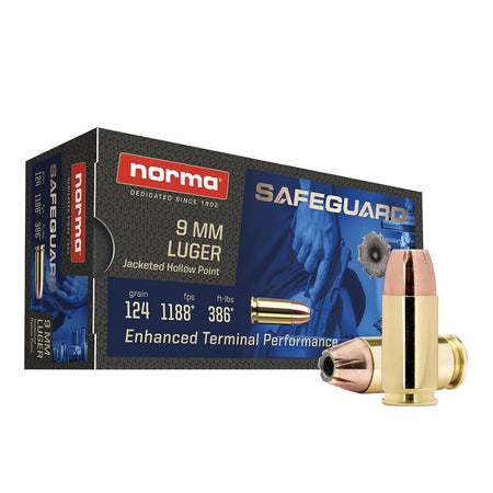 Norma Safeguard 9mm Luger / Parabellum 124 grain Jacketed Hollow Point ammunition