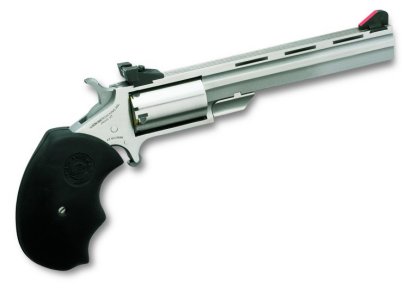 North American Arms MMTC Mini-Master *CA Compliant 22 LR/22 WMR 5 Shot 4" Stainless Steel Vent Rib Barrel, Stainless Steel Frame, Stainless Cylinder, Black Finger Grooved Rubber Grip, Exposed Hammer