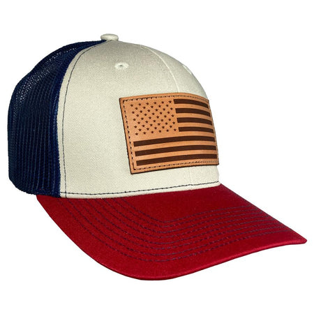 Outdoor Cap Stone/Navy/Cardinal USA Flag Leather Patch Trucker Cap