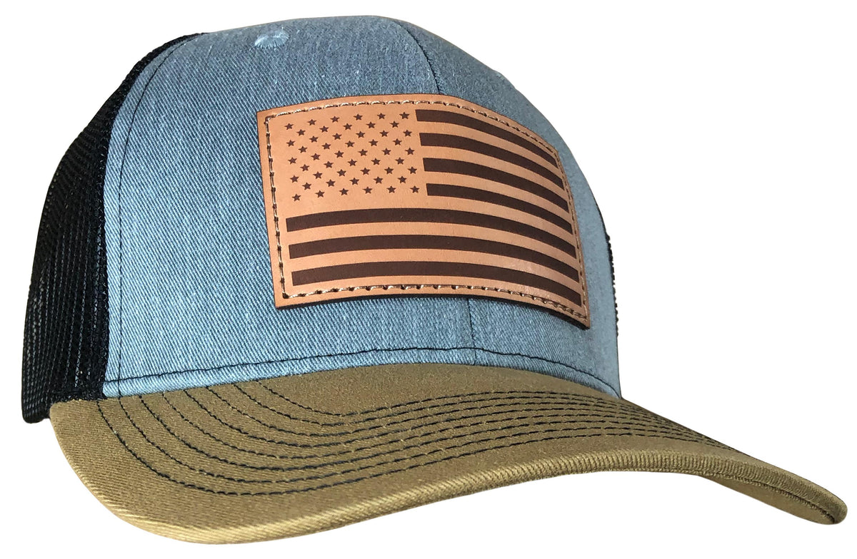 Outdoor Cap Heathered Grey/Black/Old Gold USA Flag Leather Patch Trucker Cap