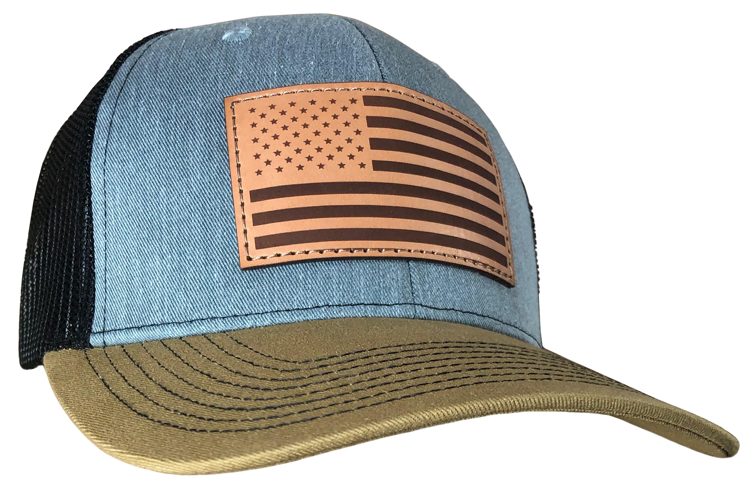 Outdoor Cap Heathered Grey/Black/Old Gold USA Flag Leather Patch Trucker Cap