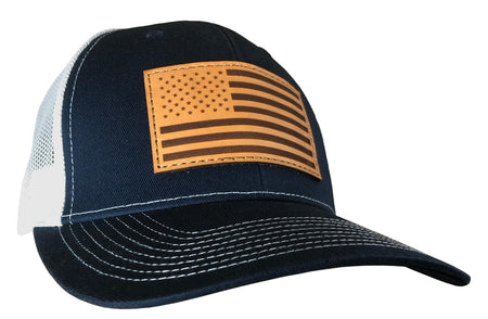 Outdoor Cap Navy/White USA Flag Leather Patch Trucker Cap