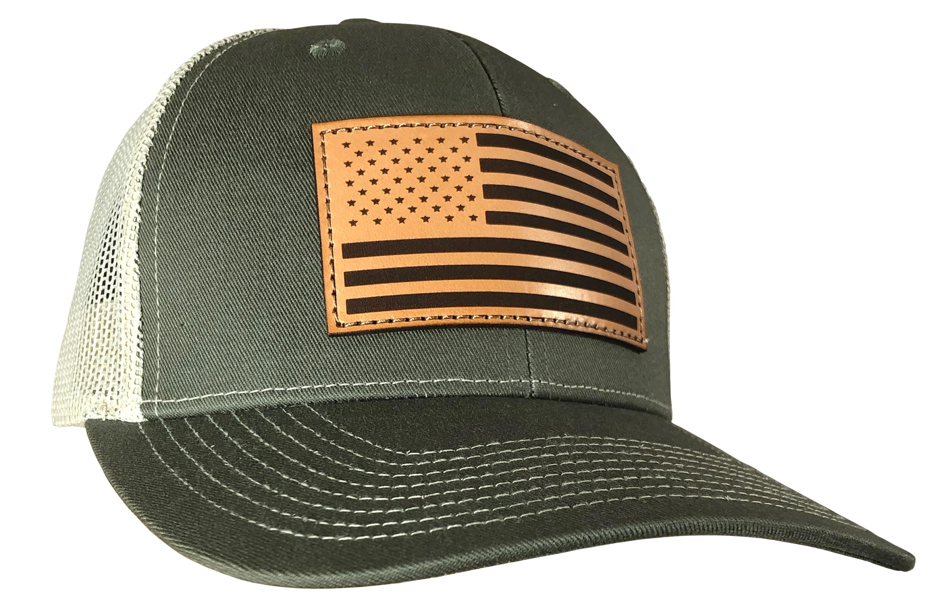 Outdoor Cap Olive/Khaki USA Flag Leather Patch Trucker Cap