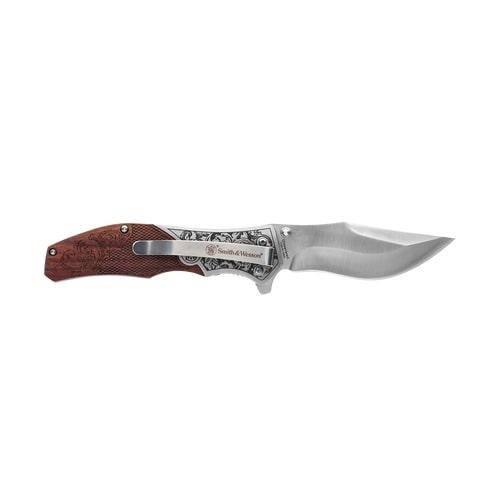 Smith & Wesson Unwavered Liner Lock Folding Knife 3.25" Clip Point Engraved Wood Blister