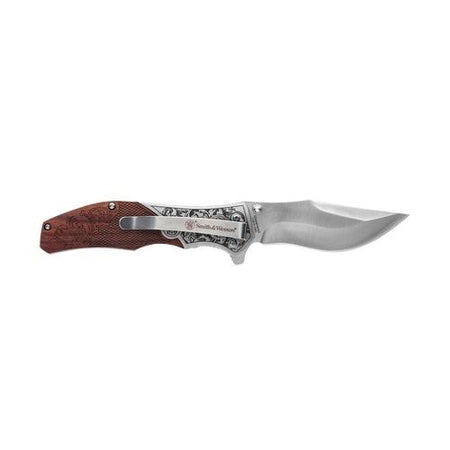 Smith & Wesson Unwavered Liner Lock Folding Knife 3.25" Clip Point Engraved Wood Blister