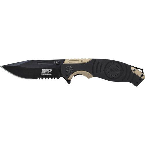 S&W M&P Drop Point Liner Lock Folding Knife 3 1/2" Black Tan Aluminum Handle