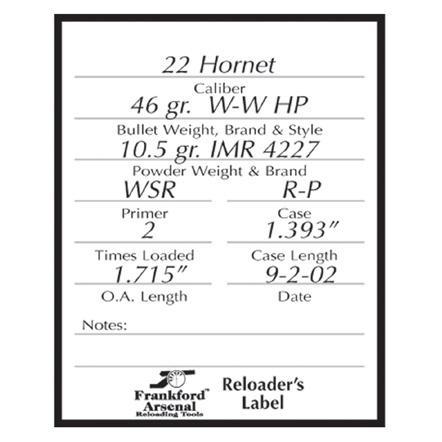 Frankford Arsenal Reloader Labels Pistol and Rifle 100 Blister Pack