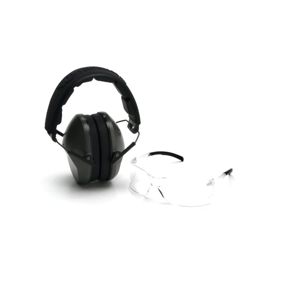 Pyramex Low-Profile 24dB Passive Earmuff and Clear Shooting Glasses Combo OD Green