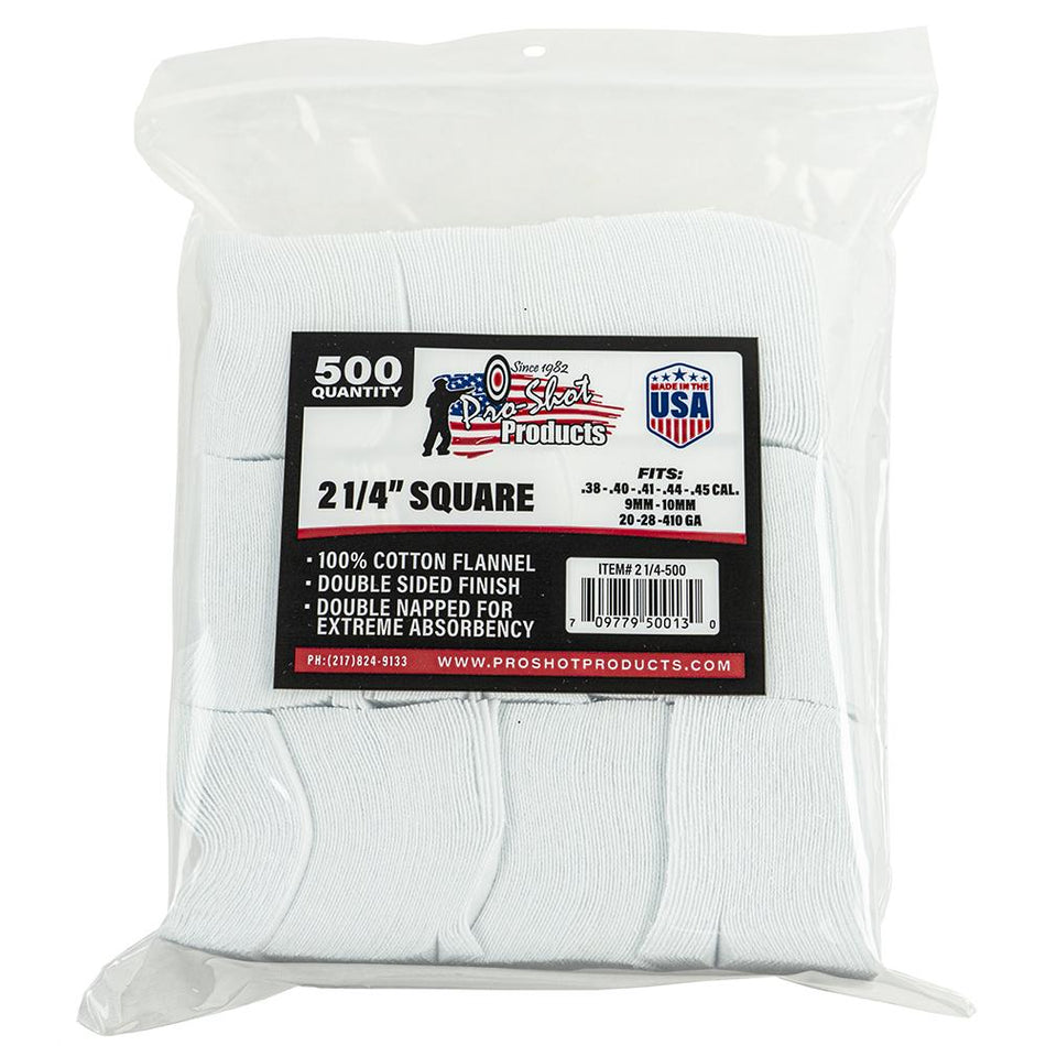 Pro-Shot 100% Cotton Flannel Gun Cleaning Patches 2-1/4" Square 500 Pack
