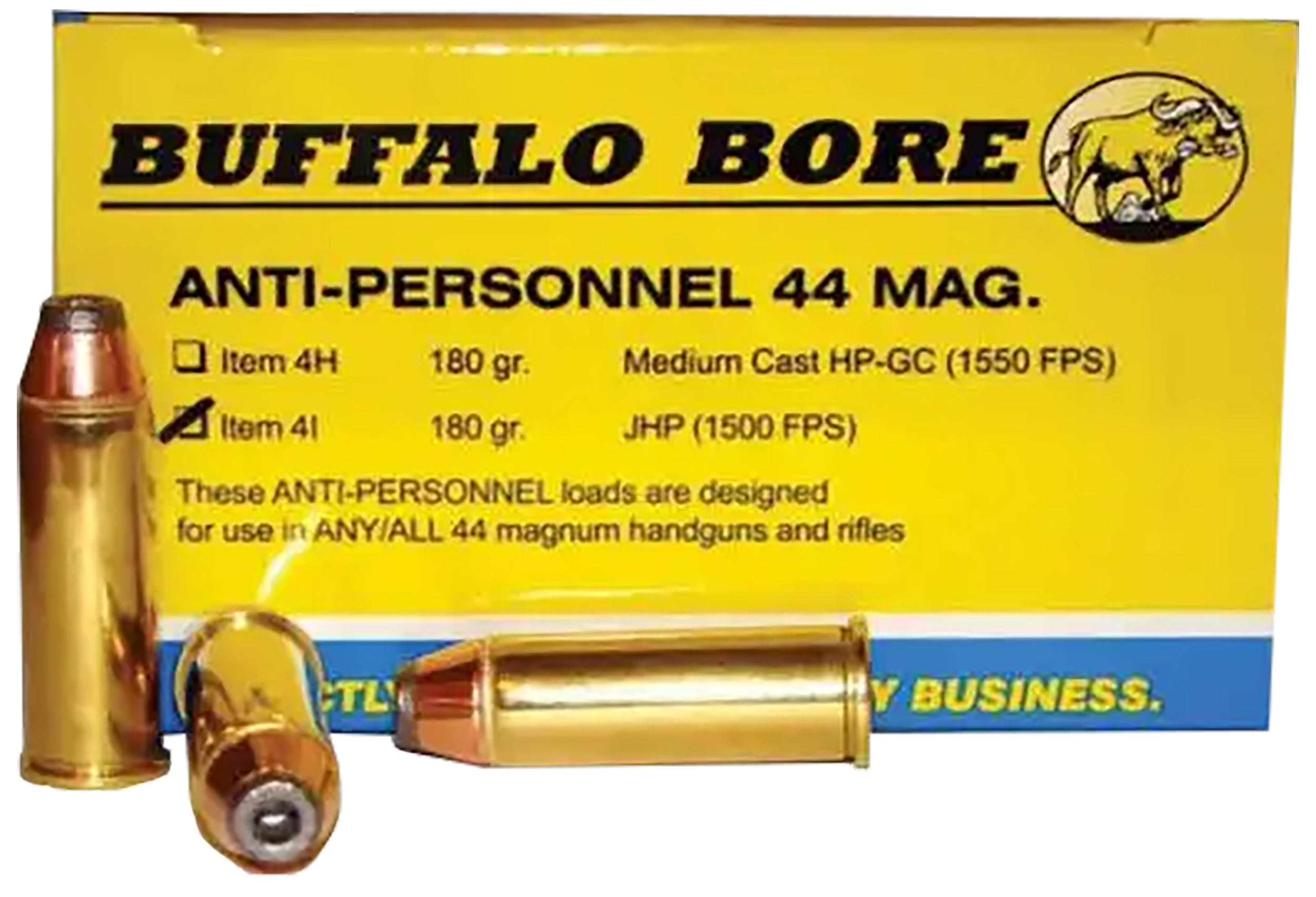 Buffalo Bore Ammunition 4I20 Anti-Personnel Strictly Business 44 Rem Mag 180 gr Jacketed Hollow Point (JHP) 20 Per Box/ 12 Cs