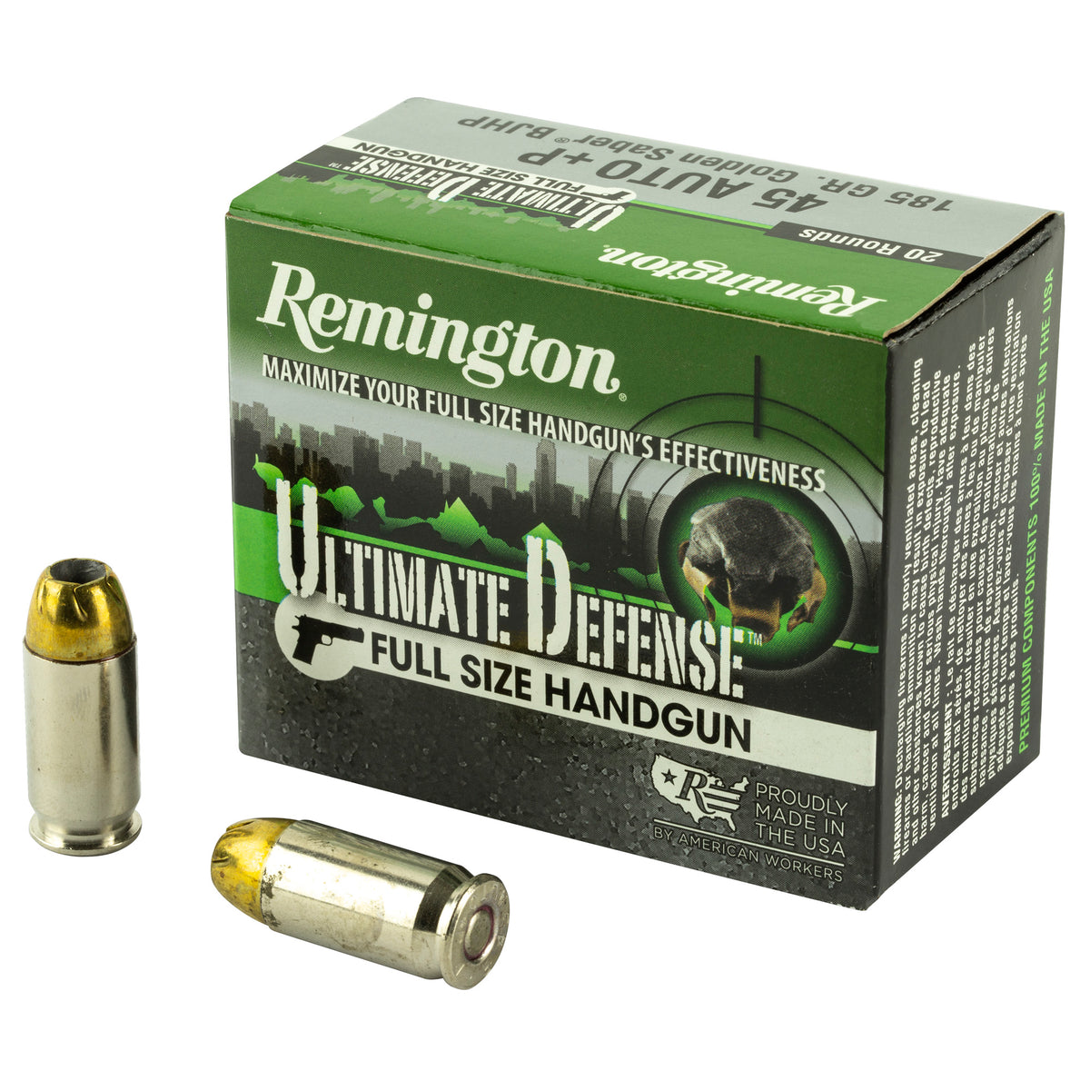 Remington Ultimate Defense +P Brass Jacket Hollow Point 185 Grain .45 ACP/Auto 1140 fps