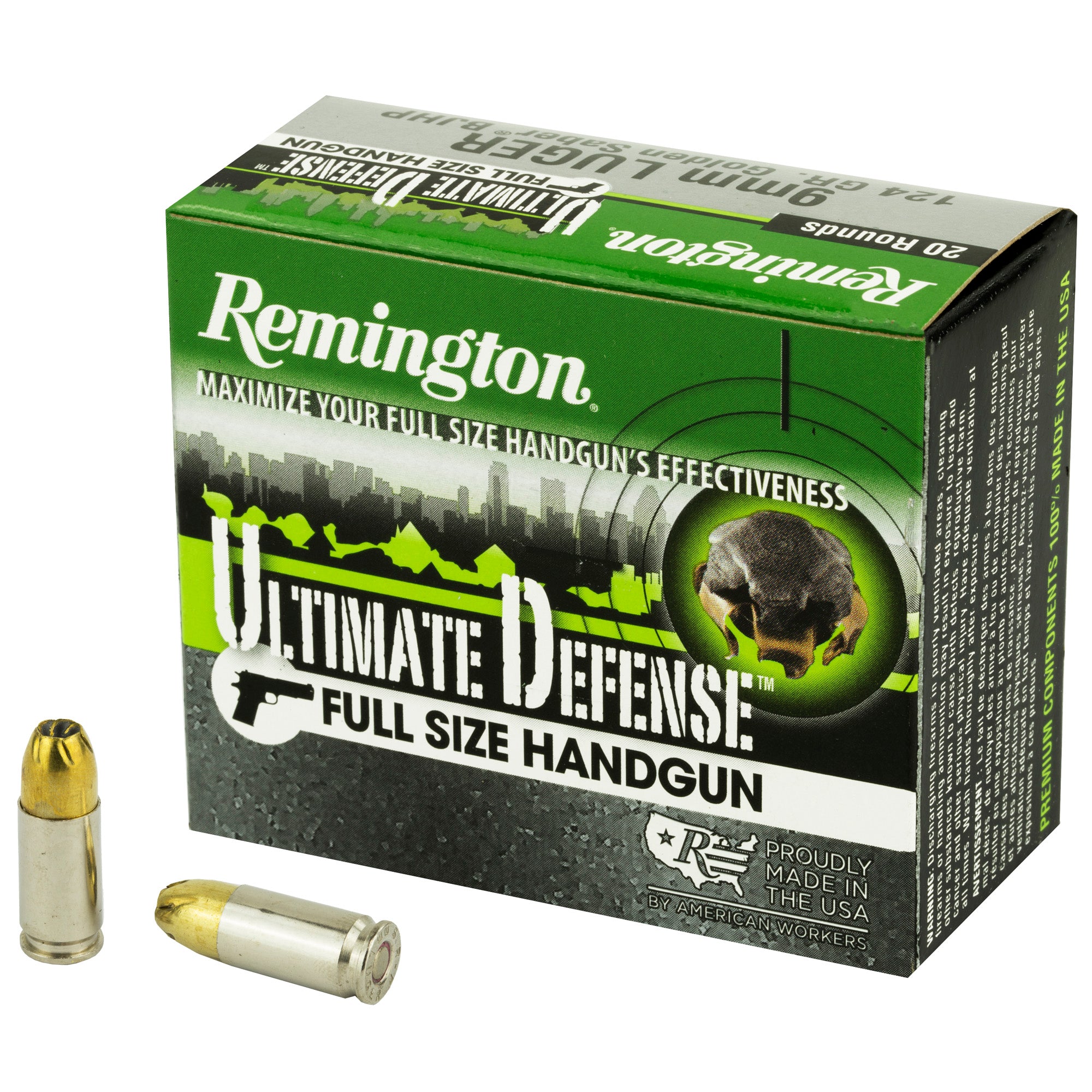 Remington Ultimate Defense Full-Size 9mm Luger / Parabellum 124 grain Brass Jacketed Hollow Point ammunition