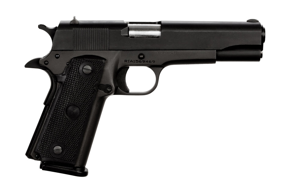 Rock Island 51453MA GI Standard FSHC *MA Compliant 45 ACP Caliber with 5" Barrel, 10+1 Capacity, Overall Black Parkerized Finish Steel, Beavertail Frame, Serrated Slide & Black Rubber Grip