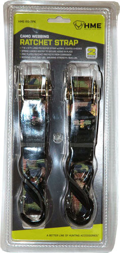 HME 2-Pack Camo 1"x8' Ratchet Straps with Rubber-Coated S Hooks