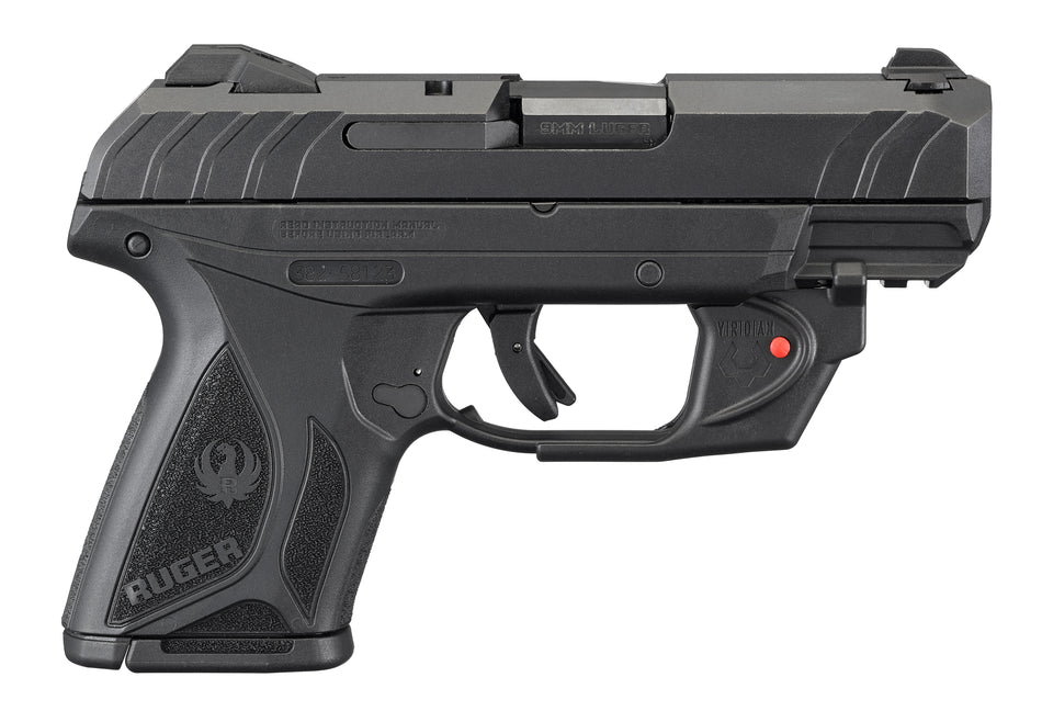 Ruger 3830 Security-9 Compact 9mm Luger 3.42" Barrel 10+1, Black Nylon Grip Frame With Picatinny Acc. Rail, Black Oxide Steel Slide, Manual Safety, Includes Viridian Red Laser