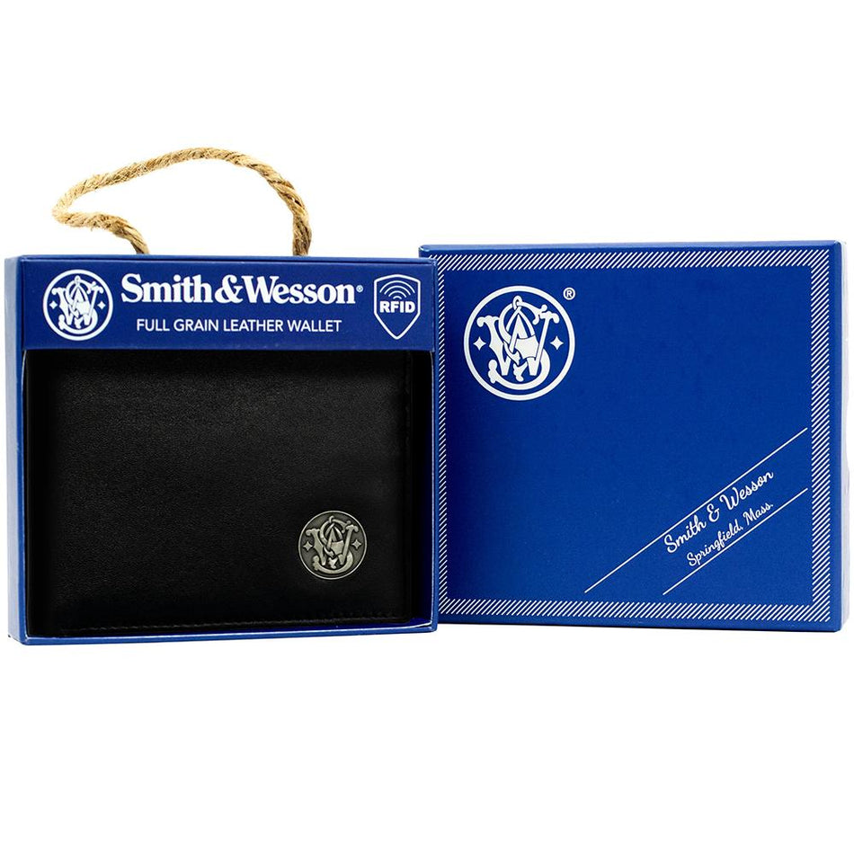 Cameleon Smith & Wesson Black Leather Front Pocket Wallet with RFID Shield and S&W Medallion