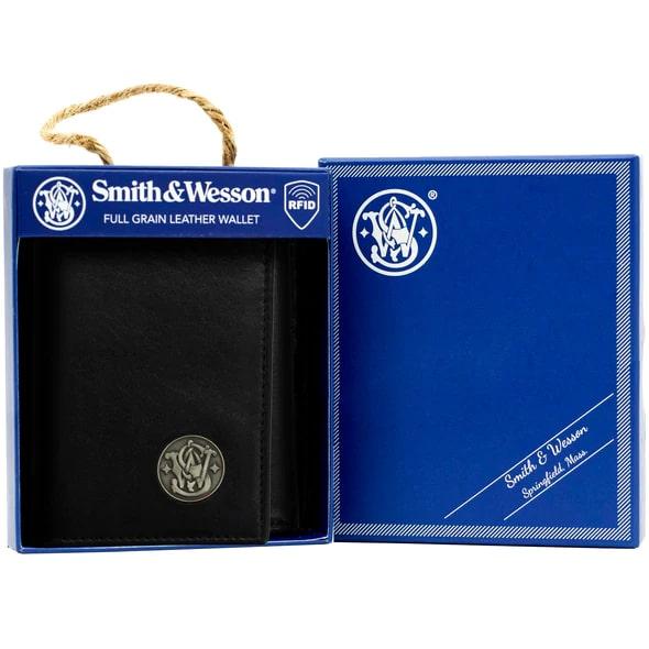 Cameleon Smith & Wesson Black Top Grain Leather Trifold Wallet with RFID Shield