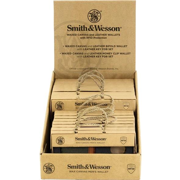 Smith & Wesson Waxed Canvas Wallet & Leather Key FOB Gift Display - 12 ct
