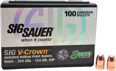 Sierra Bullets 9mm .355 124gr JHP Sig V-Crown Reloading Projectiles 100-Count