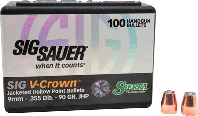Sierra Bullets 9mm .355 90gr JHP Sig V-Crown Reloading Projectiles 100-Count
