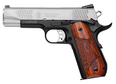 Smith & Wesson 108485 1911 E-Series 45 ACP 4.25" Barrel 8+1, Black Round Butt Scandium Frame, Satin Stainless Steel Slide, Laminate Wood Grip, Manual Grip & Thumb Safety